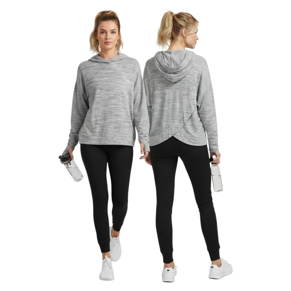 Eddie Bauer Women's Gray Space Dye L Faux Wrap Cross Back Hoodie Pullover Top